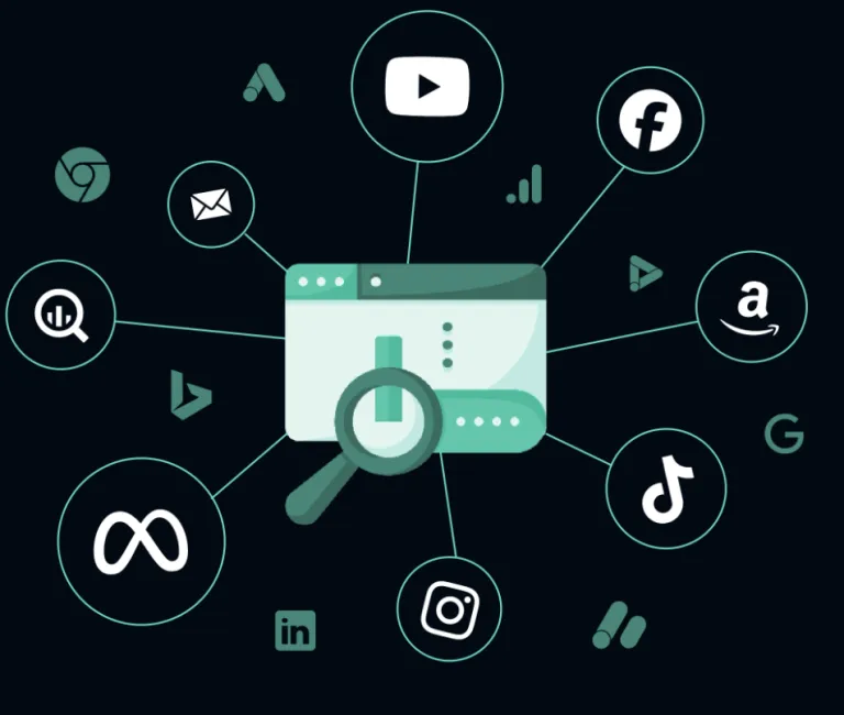 Illustration of a web browser with magnifying glass, surrounded by social media and tech platform icons.